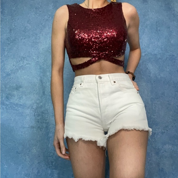 Red Sequin Cutout Sleeveless Crop Top - Picture 3 of 4